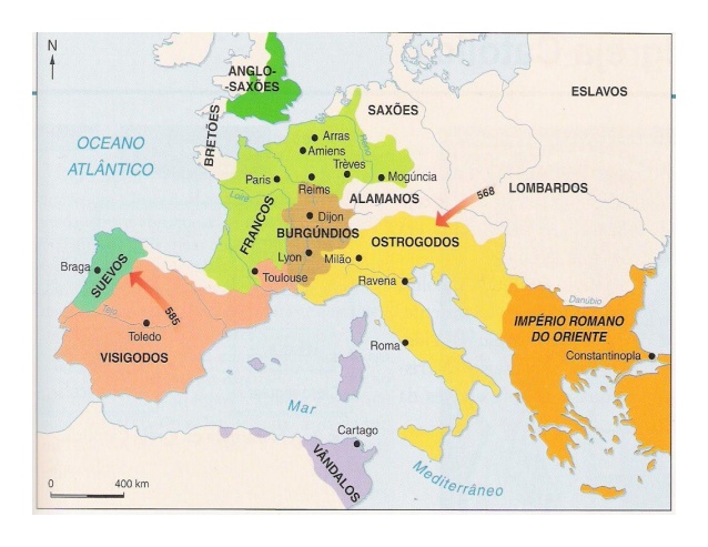 Reino Franco (verde) e Europa Ocidental Bárbara.